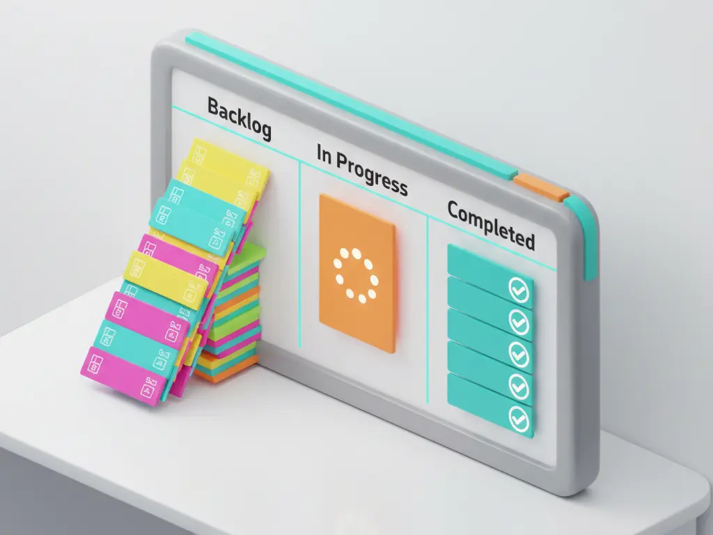 Task workflow board showing backlog, in progress and completed tasks