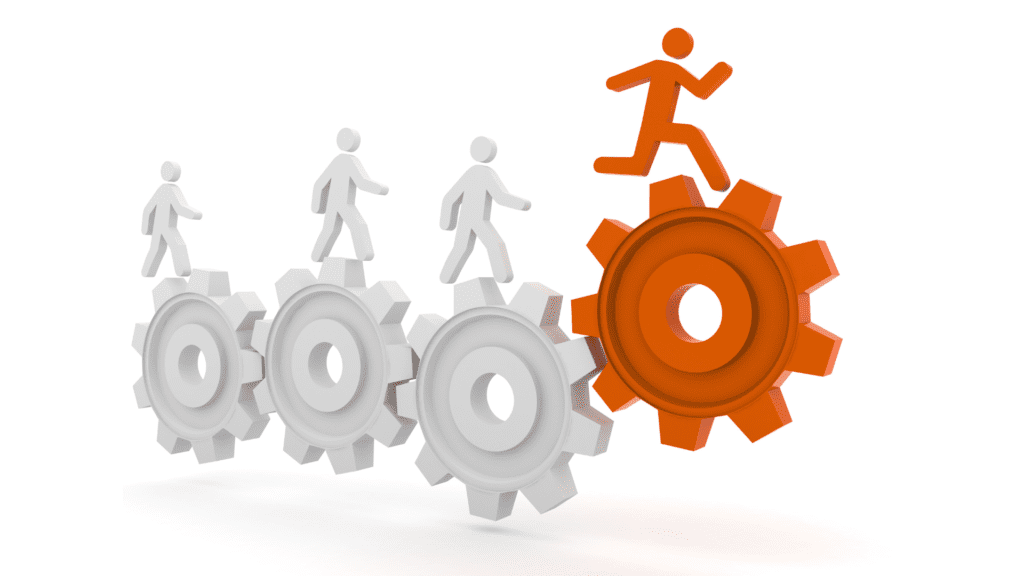 Illustration of people walking on gears with one highlighted in orange, representing how Deacon Solutions uses marketing automation systems to streamline lead follow up and improve business efficiency