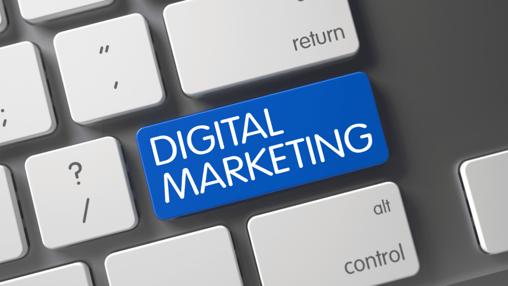 Keyboard with digital marketing key highlighting Digital Marketing for Small Businesses and online growth with Deacon Solutions