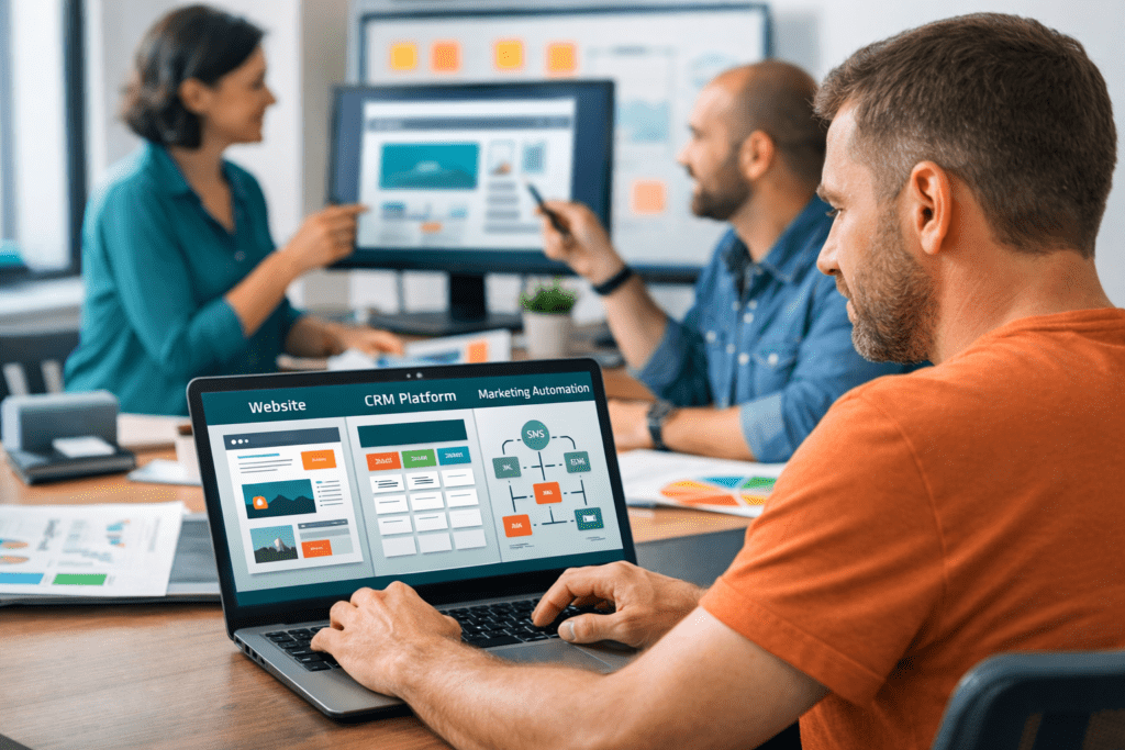 Marketing system from Deacon Solutions showing how a website CRM platform and marketing automation work together to help businesses attract leads build trust and turn visitors into customers