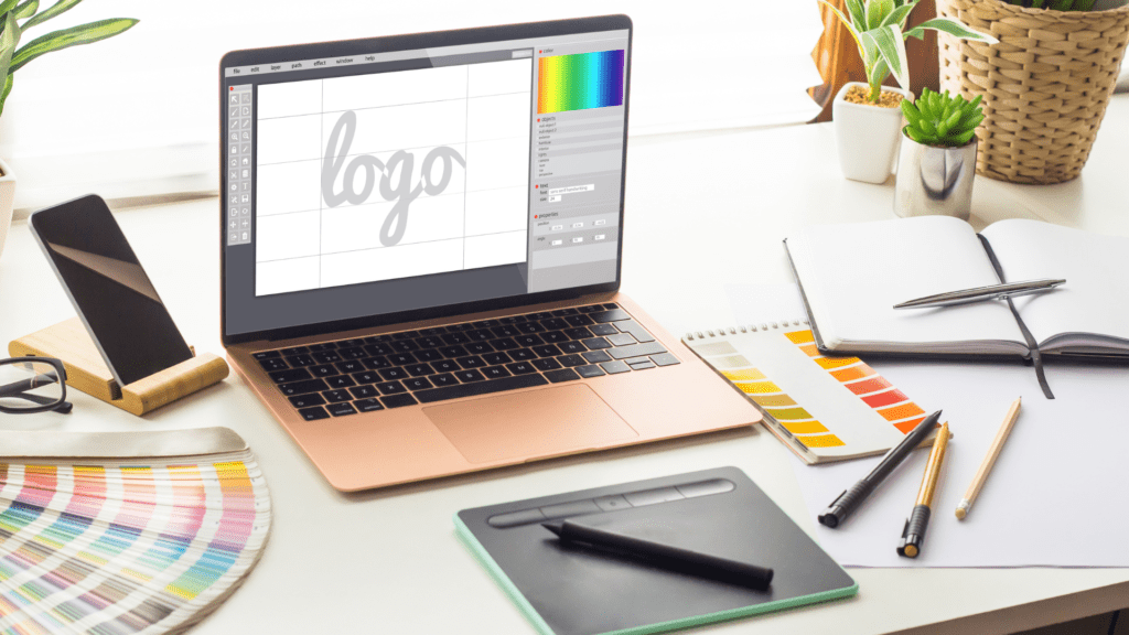Logo design process on a laptop workspace illustrating why graphic design matters for business identity with Deacon Solutions