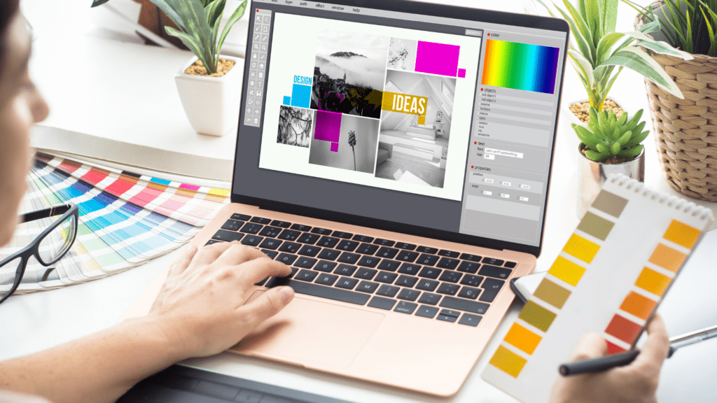 Designer creating a visual moodboard on a laptop showing why graphic design matters for branding and marketing at Deacon Solutions