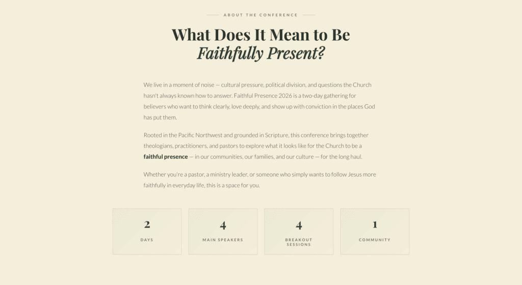 Faithful Presence conference description section screenshot from the landing page