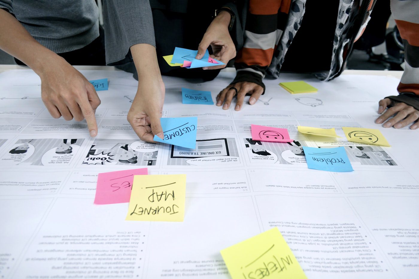 A team organizing sticky notes while planning how church marketing support works