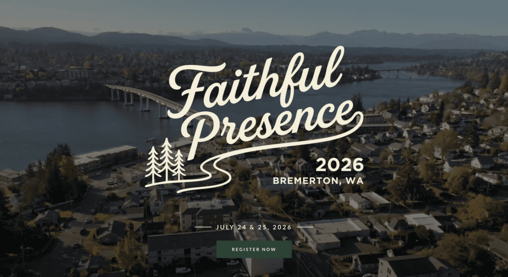 Faithful Presence conference landing page hero section with registration button